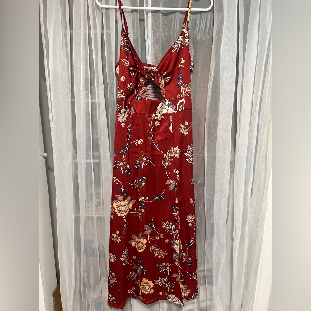 Womens Spaghetti Strap Midi Satin Dresses Tie Front Split Dress - Red - Small